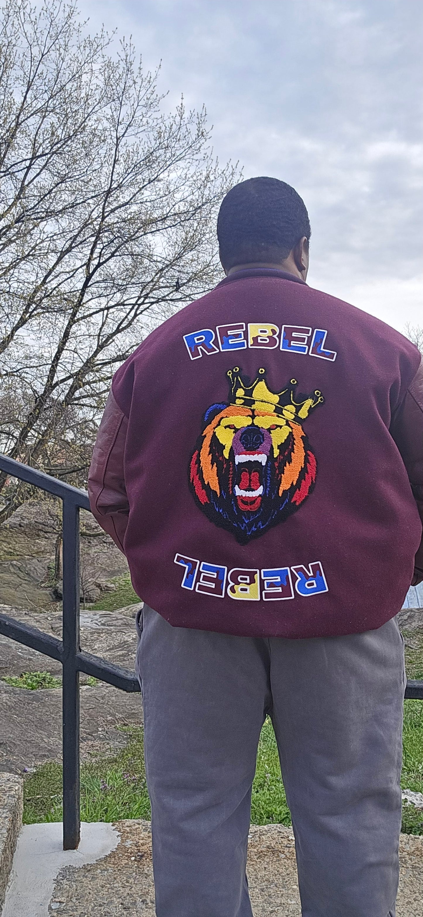 Rebel Embroidered Varsity Jacket (Burgundy)